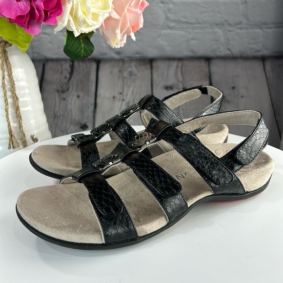 VIONIC AMBER Orthotic Black Strapy Open Toe Adjustable Velcro Sling Back Sandals - Picture 1 of 17
